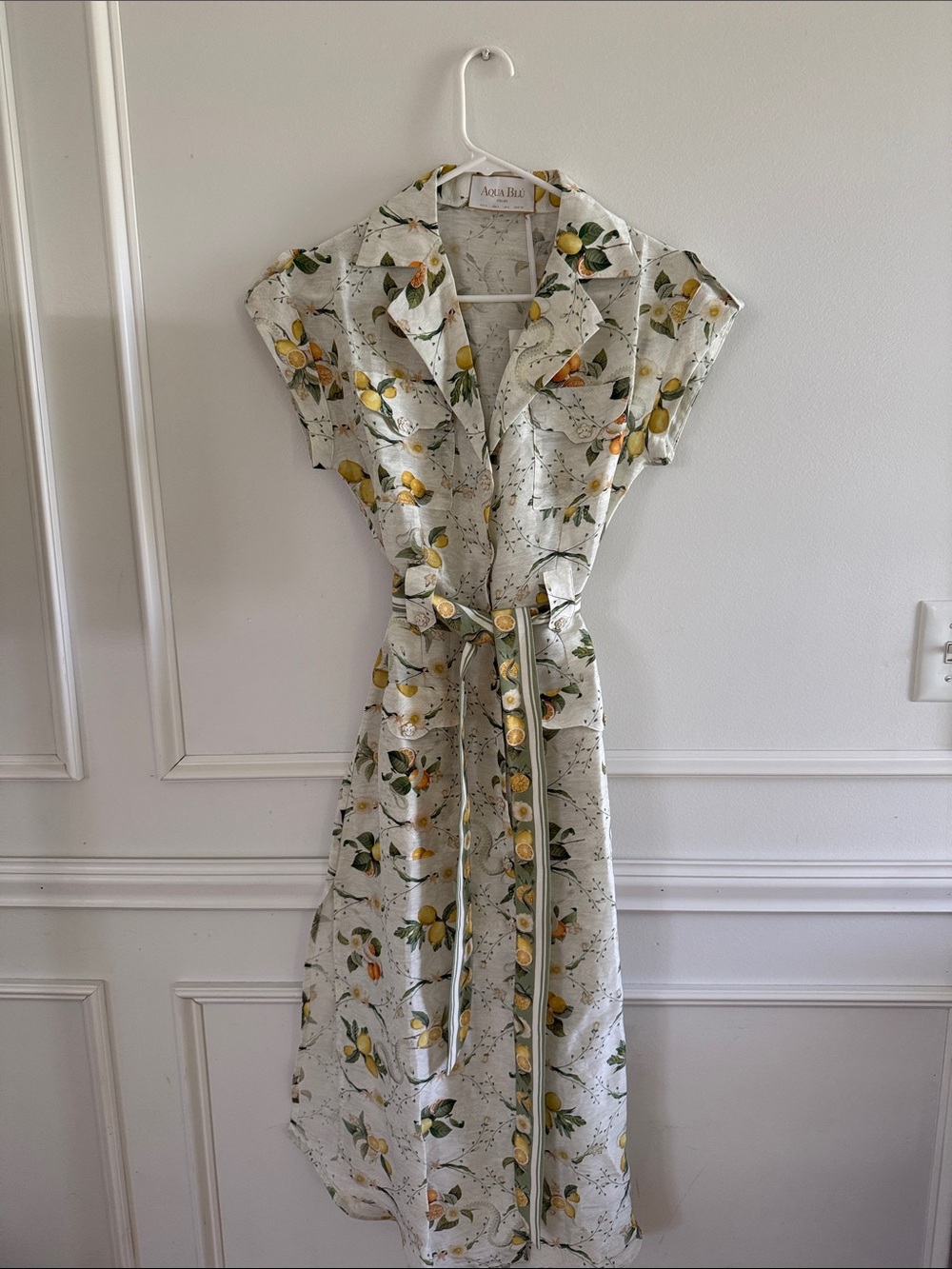 Agua Bendita Lemon-Print Button Midi Dress in White and Yellow